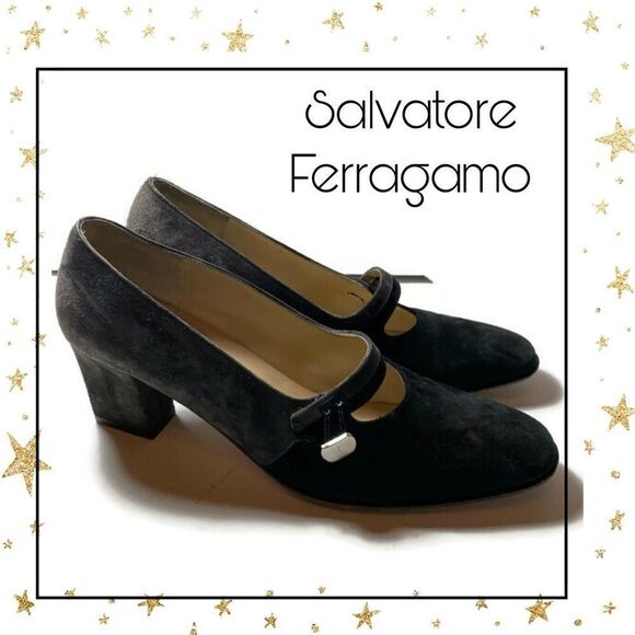 Salvatore Ferragmo Black Gray Suede Heels 8 - Picture 1 of 9